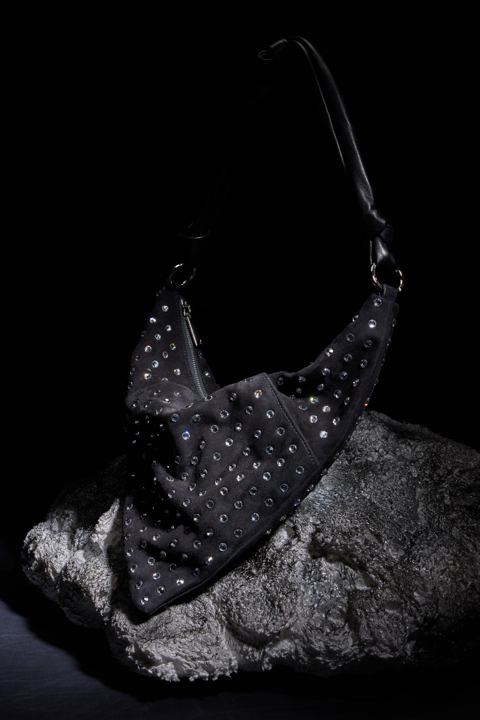 Cameron Shoulder Bag Black Suede and White Crystals