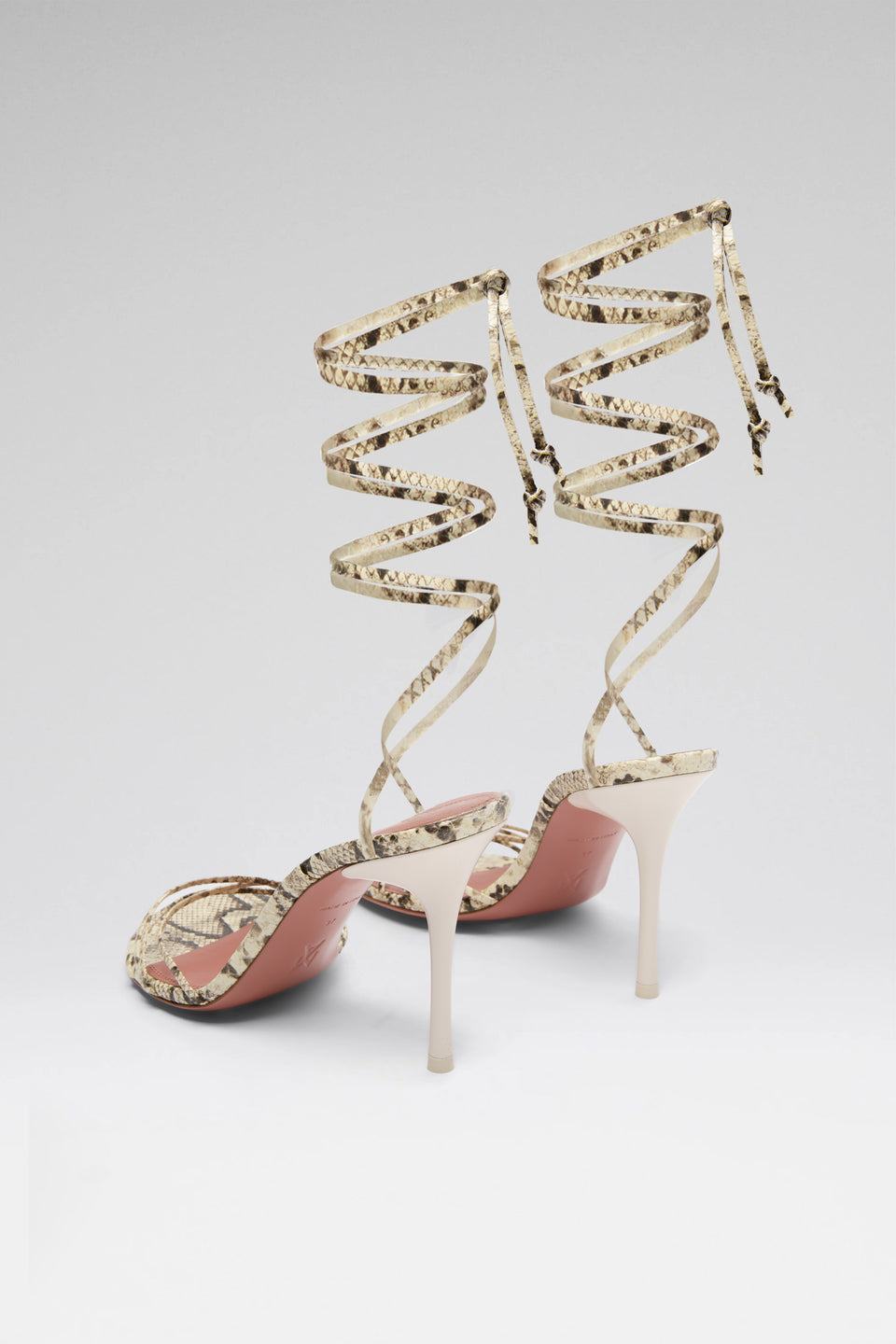 Lori Lace Up Sandal 95 Shiny Snakeskin Print Leather And Ivory Lacquered Heel