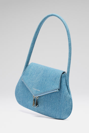 Gemini Flat Shoulder Bag Suede Printed Denim And Silver Hardware