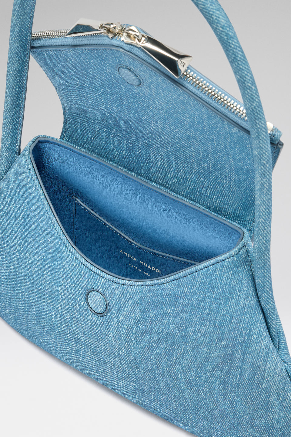 Gemini Flat Shoulder Bag Suede Printed Denim And Silver Hardware
