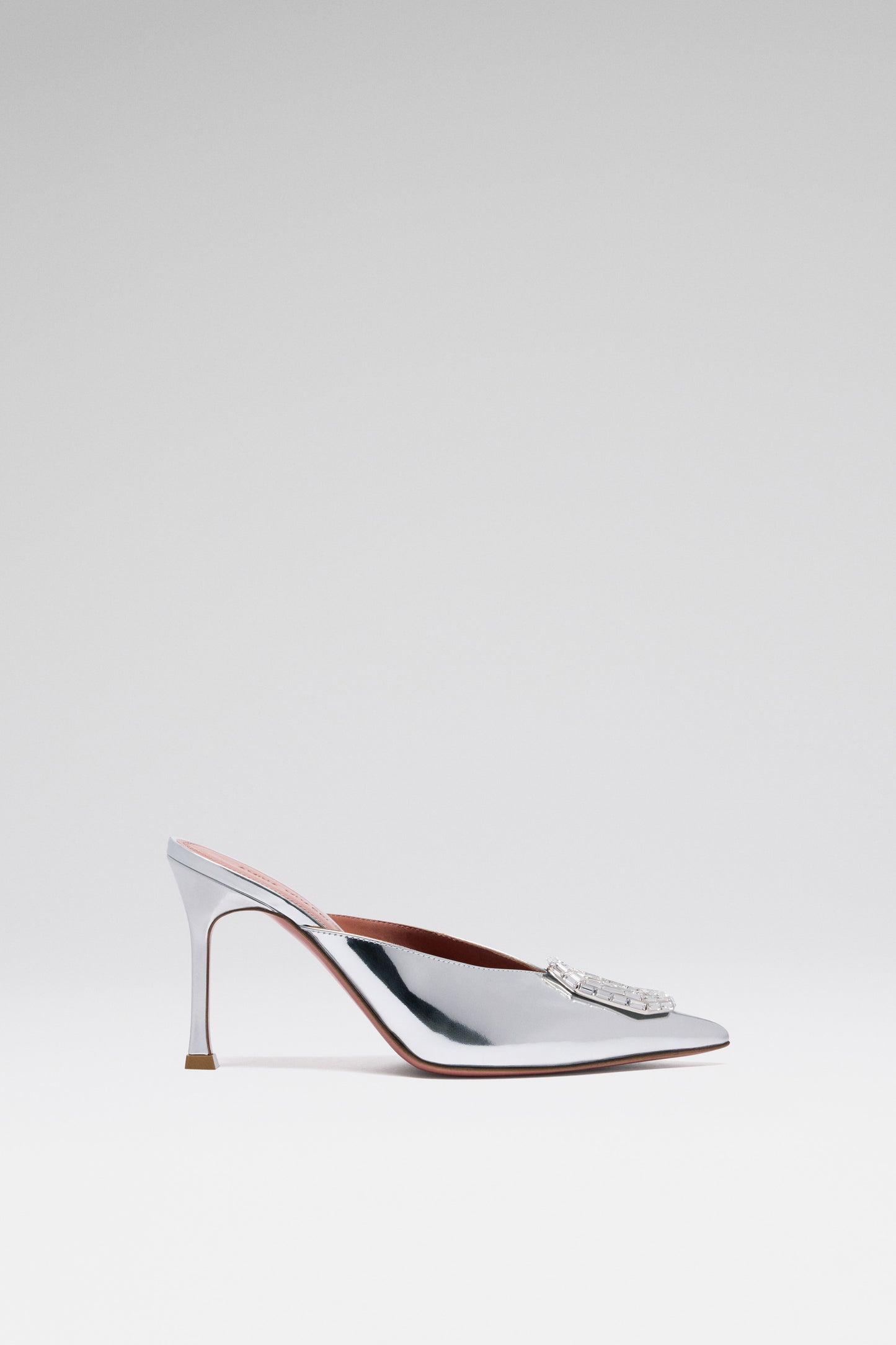 Camelia Mule 90 Silver Mirror And White Buckle