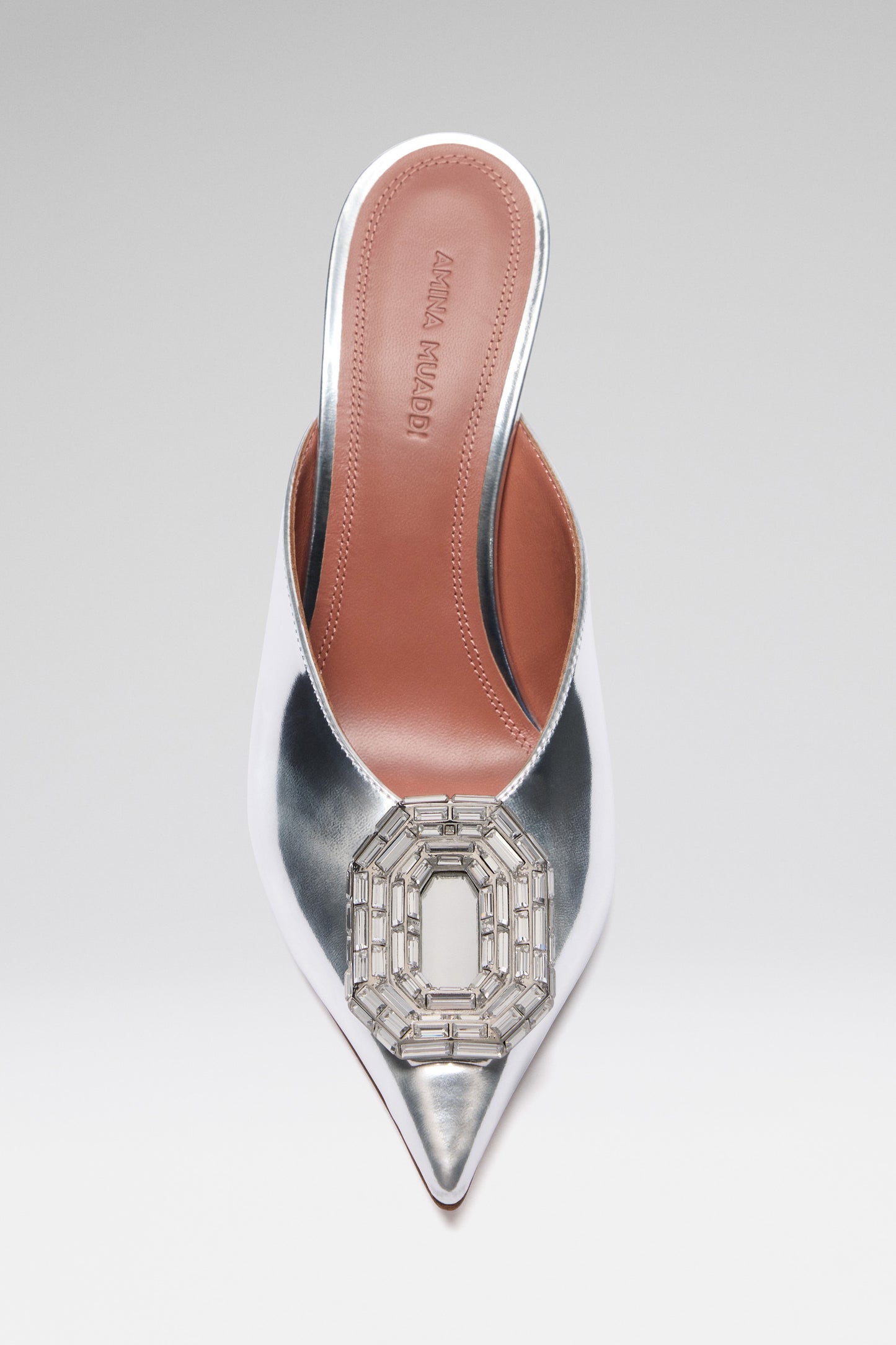Camelia Mule 90 Silver Mirror And White Buckle
