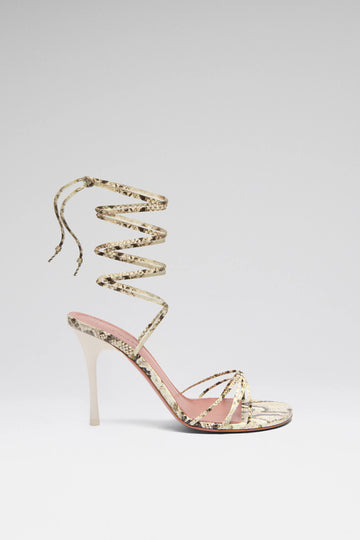 Lori Lace Up Sandal 95 Shiny Snakeskin Print Leather And Ivory Lacquered Heel