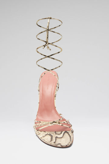 Lori Lace Up Sandal 95 Shiny Snakeskin Print Leather And Ivory Lacquered Heel