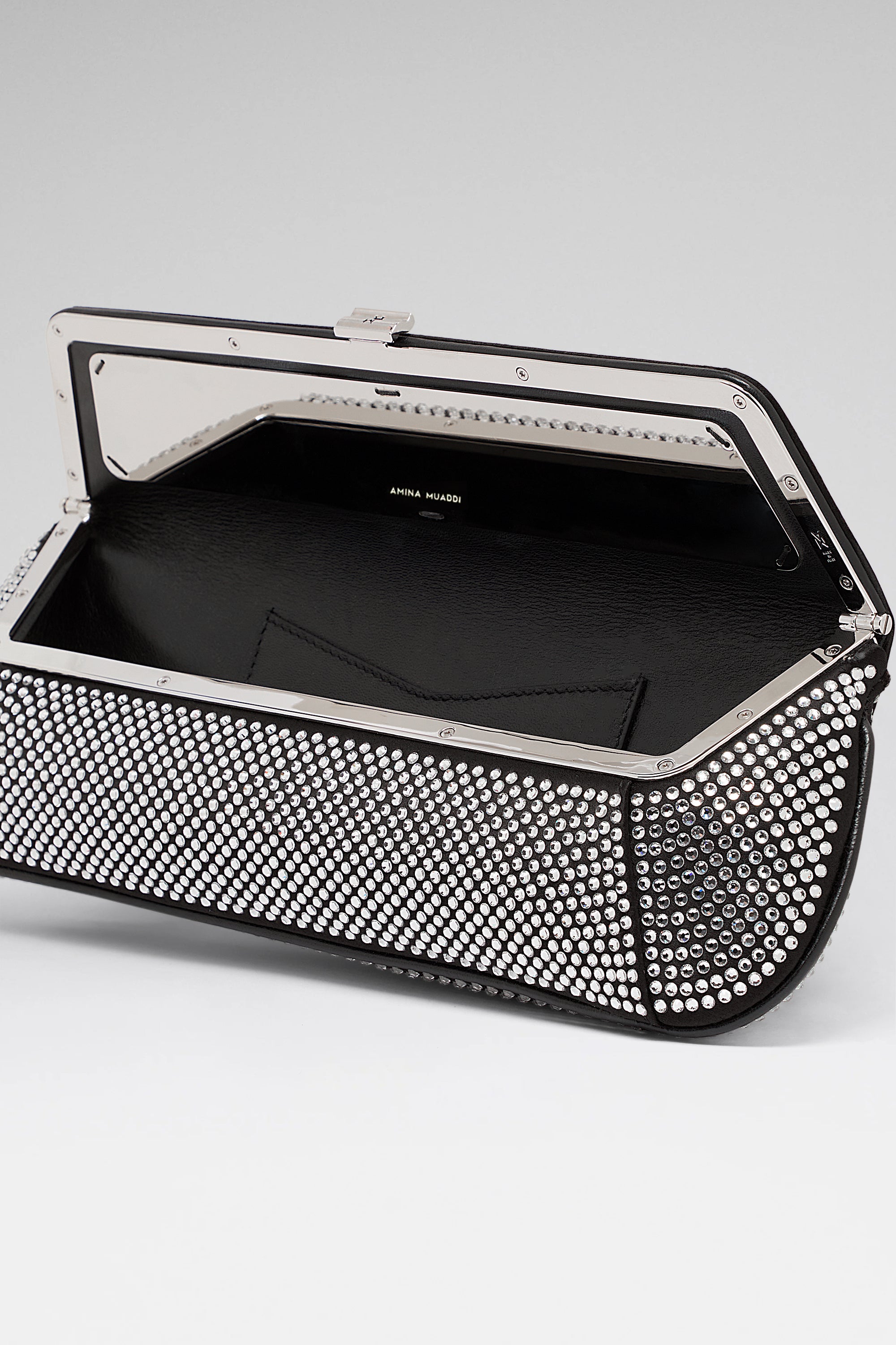 Ami Crystal Black Satin Clutch | Amina Muaddi Luxury Bag For Women
