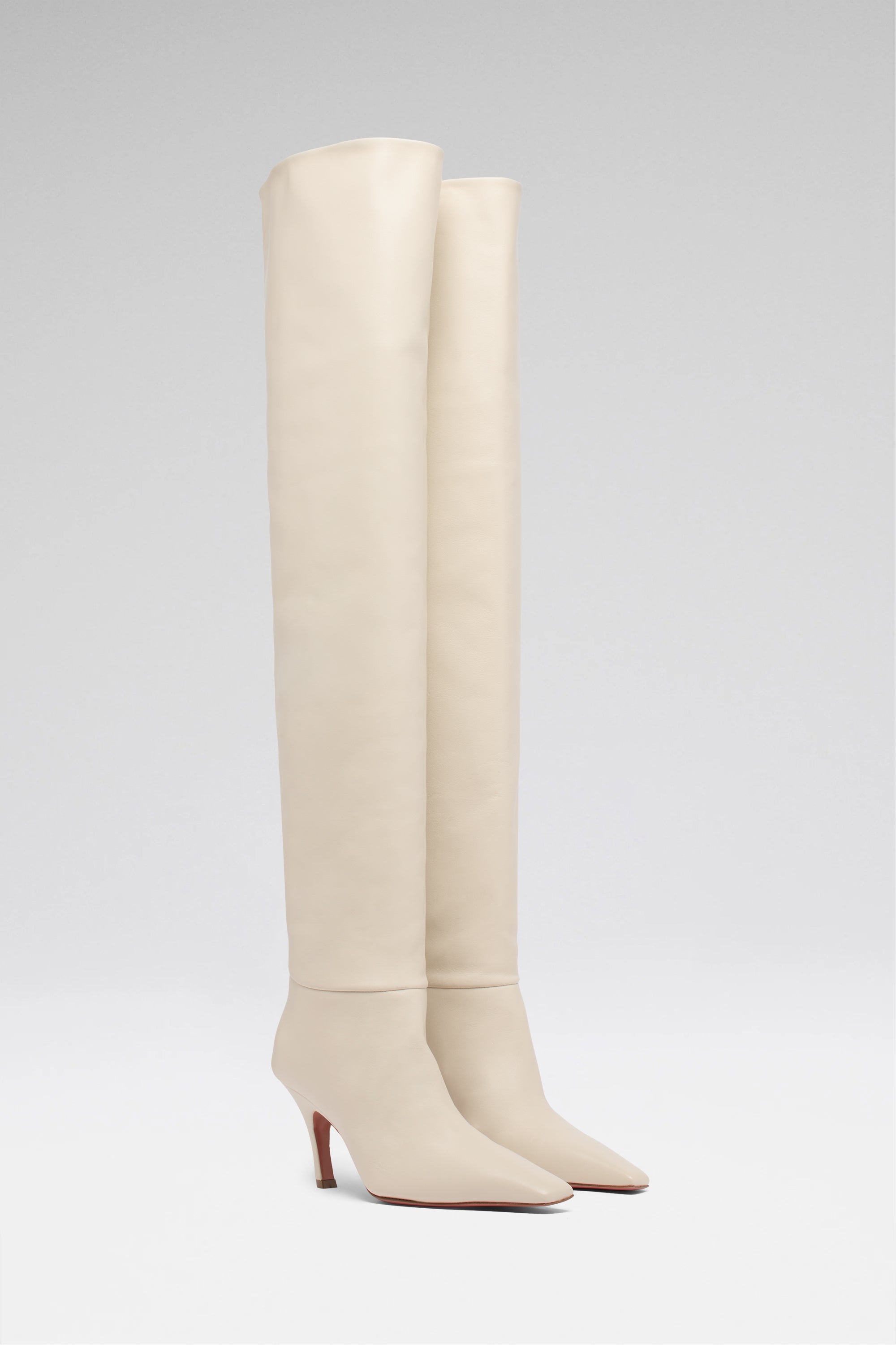 Jamie Thigh High 80 Almond Calf | Amina Muaddi Luxury Shoes