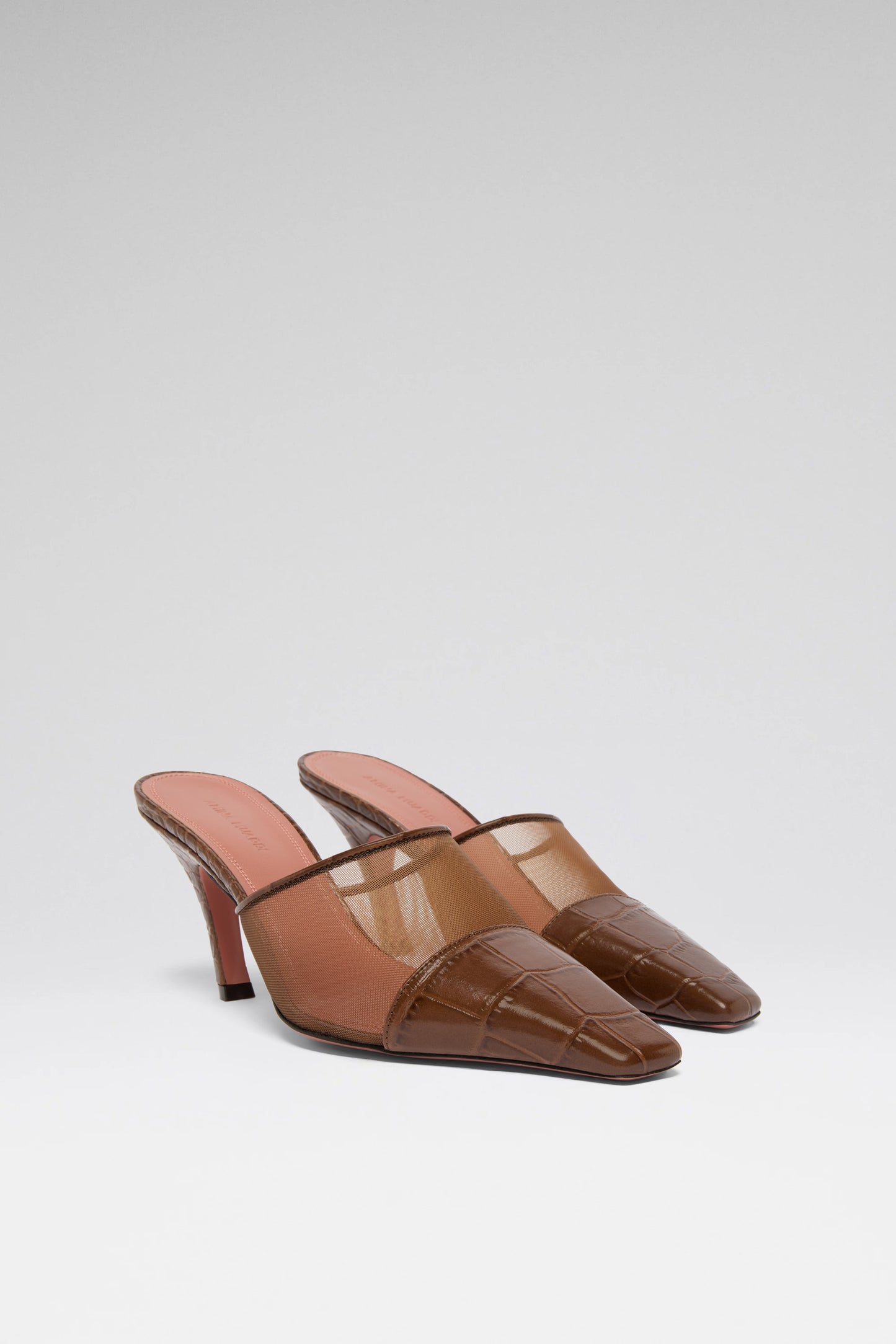 Jamie 80 luxury brown tulle and croc mules 