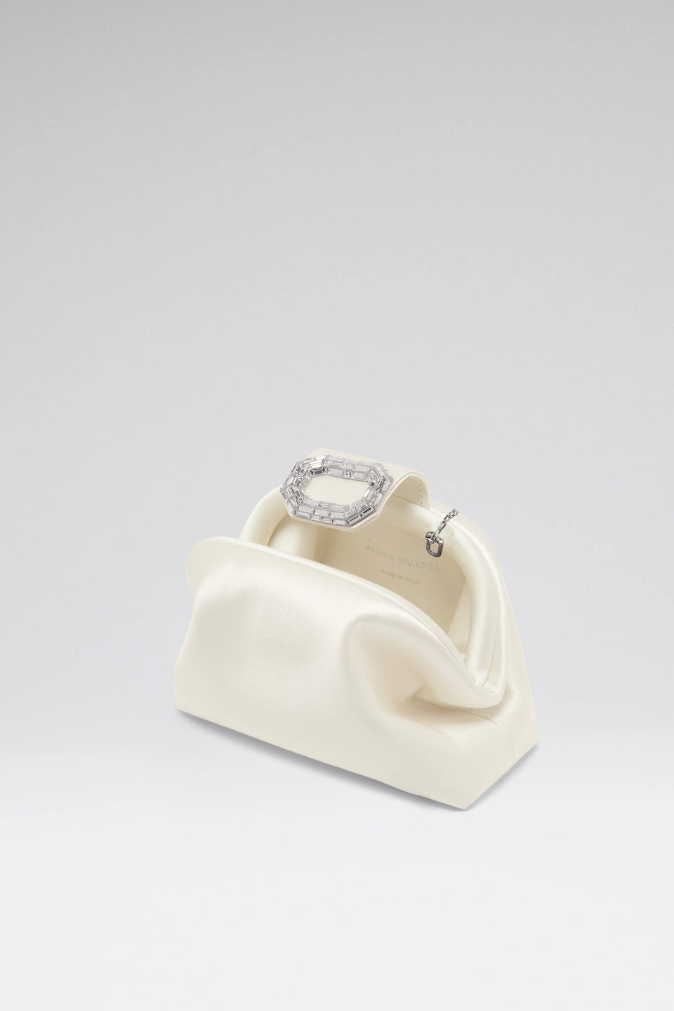 White Camelia luxury satin clutch with chain