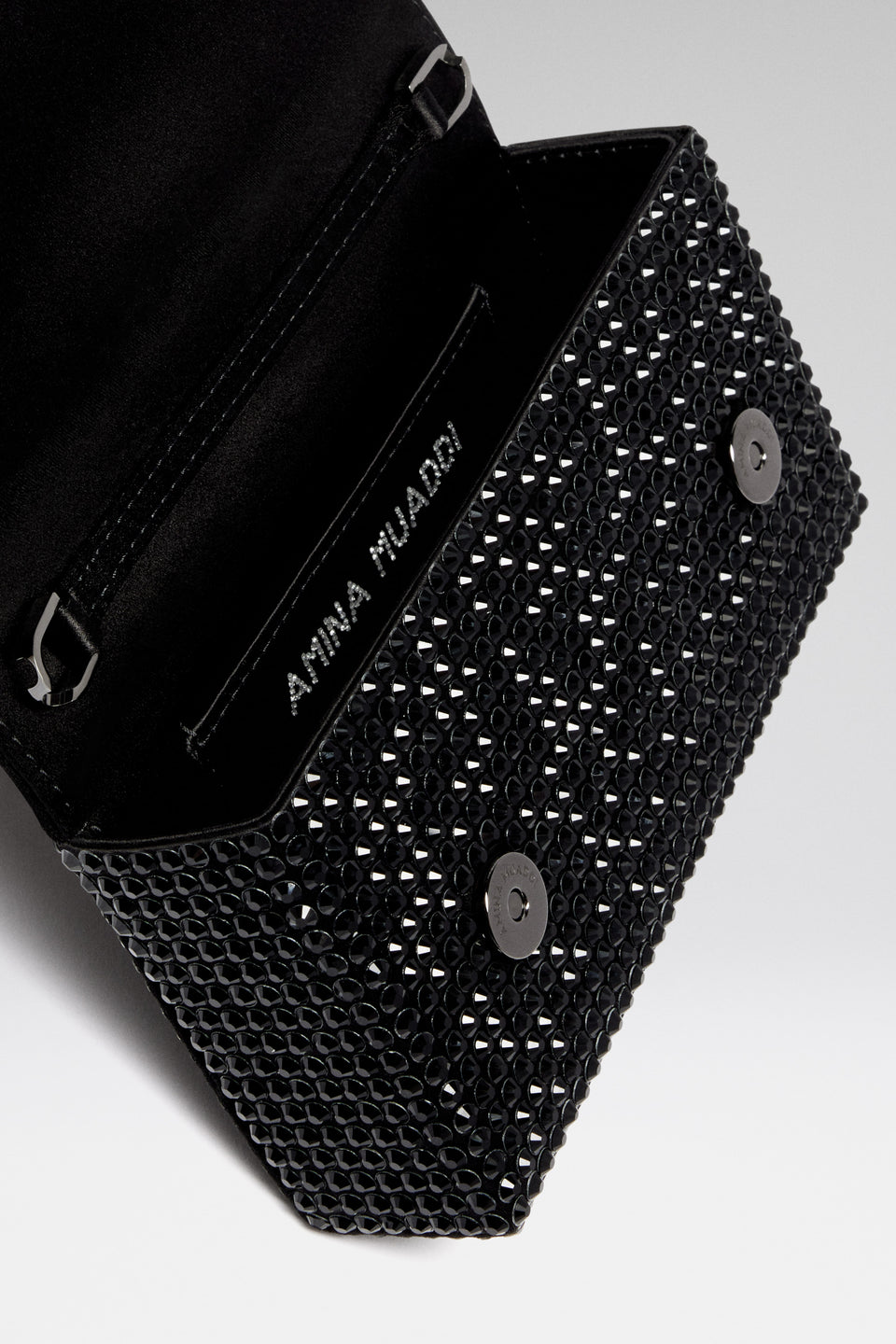 Superamini Paloma Black Satin with Jet Crystals and Gun Metal Hardware