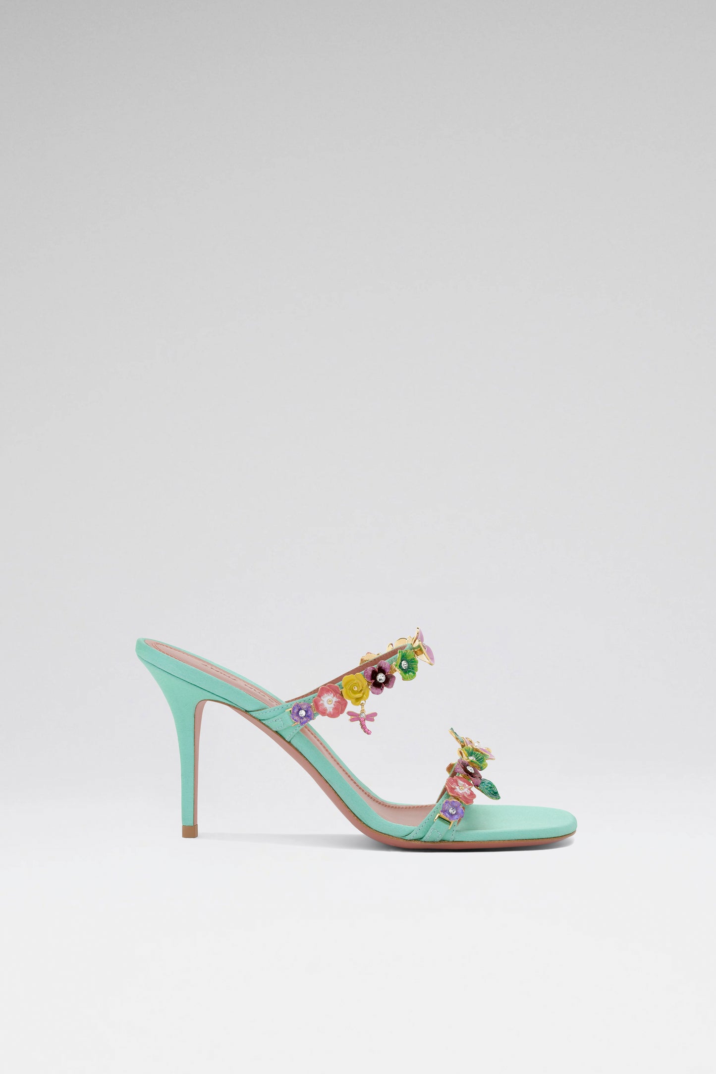 Vittoria Slipper 90 Mint Satin And Multicolor Enamel Flowers