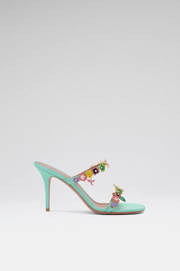 Vittoria Slipper 90 Mint Satin And Multicolor Enamel Flowers