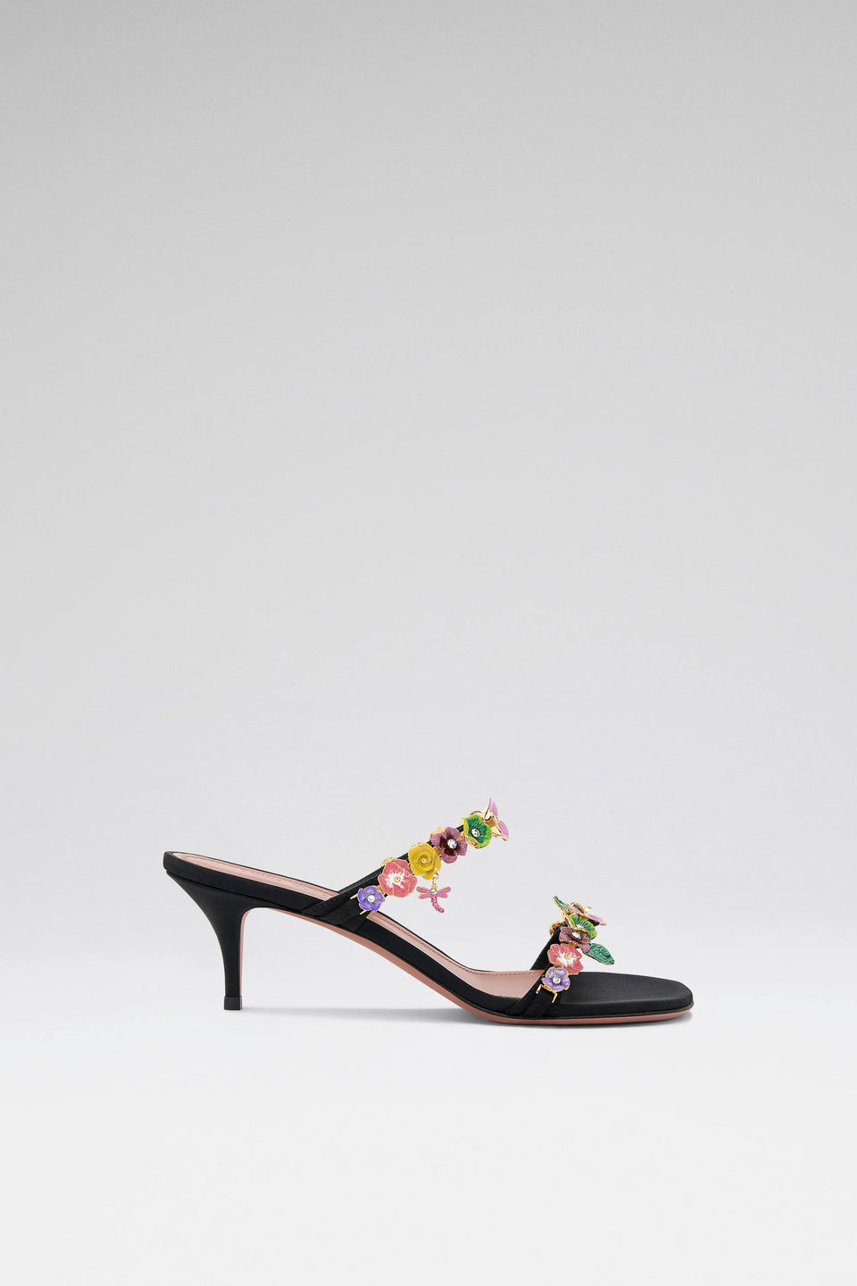 Vittoria Slipper 55 Black Satin And Multicolor Enamel Flowers