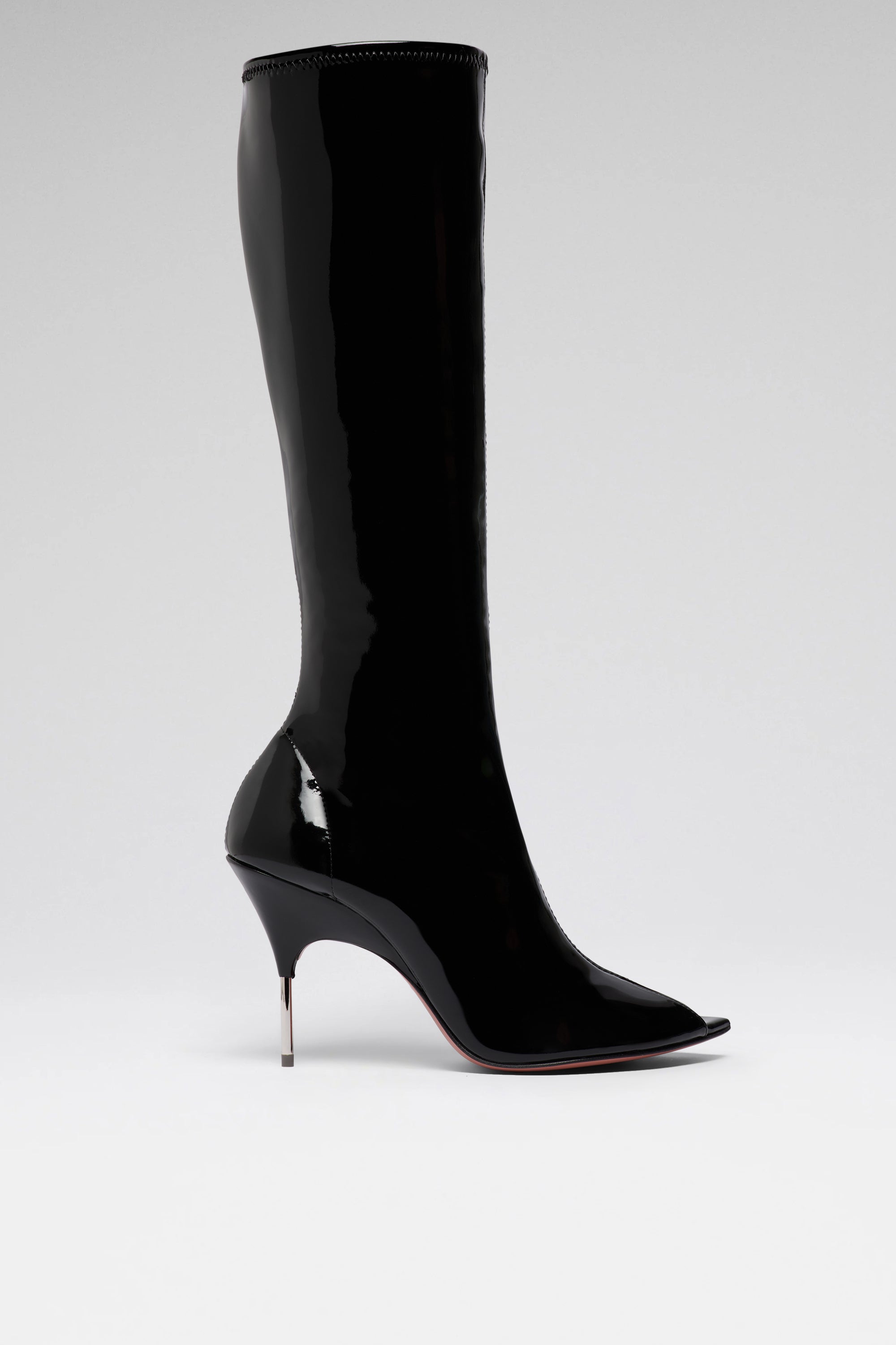 渋*い様 Black boots remake リメイク opium Archi Bruna Stretch 95 Black Latex Silver Heel Boots | Amina Muaddi