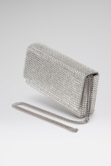 Superamini Paloma Clutch Silver Satin And White Crystals