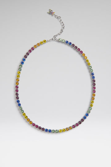 Tennis Necklace Rainbow Crystals With Silver Base